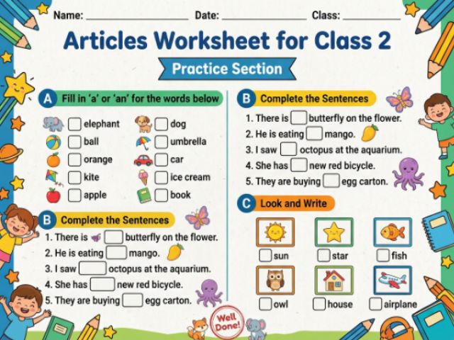 Articles Worksheet for Class 2 (Practice Section)