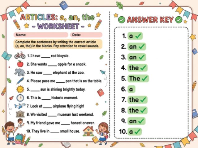 Articles a, an, the Worksheet With Answers